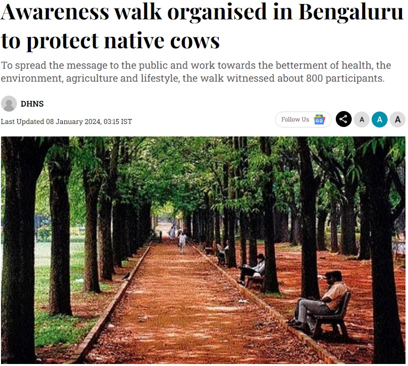 A news article about awarenesss drive to protect cow in Bengaluru.